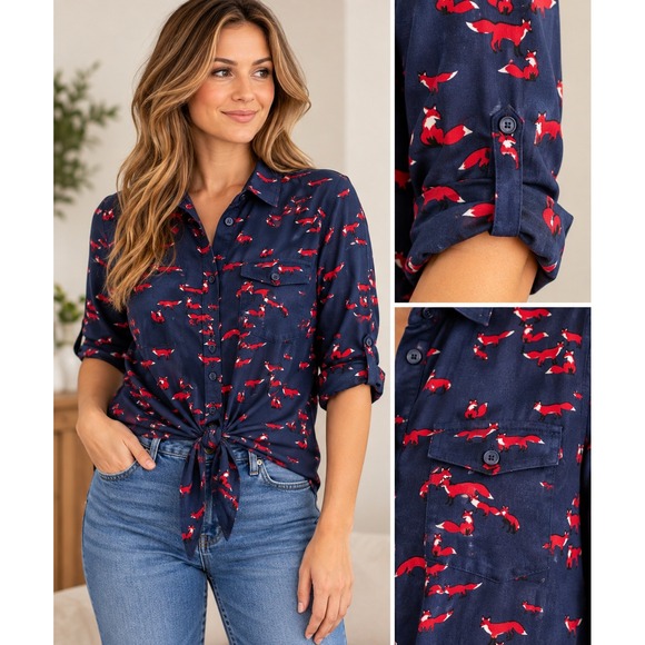 Love Notes Tops - Red Fox Print Button Up Shirt Womens M Tie Front Roll Sleeve Novelty Woodland